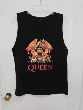 Queen Graphic Band Sleeveless Top - Black with Red & Gold Classic Crest Logo
